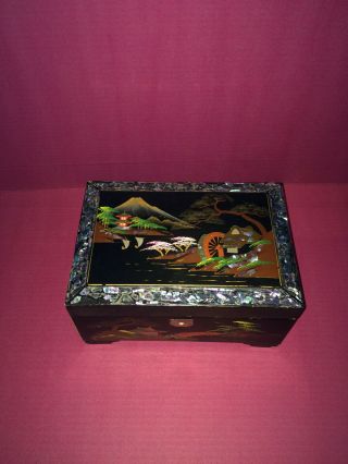 Japanese Jewelry/music Box,  Black,  Hand Painted,  With Mother Of Pearl Inlay