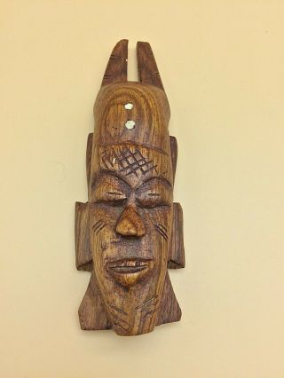 Mcm African Horned Devil Horns Carved Wood Wall Hanging Tribal Art Mask