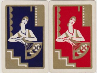 Swap/playing Card Art Deco Lady Holding Fan Vintage Linen Pair