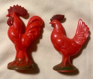 Vintage Plastic Orange Red Easter Rooster And Hen Knickerbocker Rattle,  4.  5”