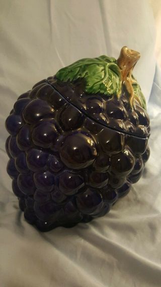 Vtg Ceramic Cookie Biscuit Jar Cluster Of Grapes Purple Leaves Made In Portugal