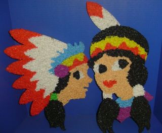 Vintage Rare Thanksgiving Day Indians Melted Plastic Popcorn Wall Decoration