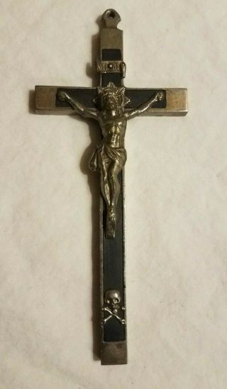 Antique Metal Nuns Skull & Cross Bones Crucifix Metal W/ Ebony Wood Inlay - 6.  5 "
