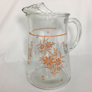Vintage Glass Pitcher With Peach Orange Flower Design Water Ice Tea Floral