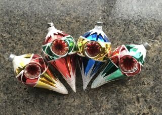 Vintage Set Of 4 Hand Painted Glass Indent Teardrop Christmas Ornaments