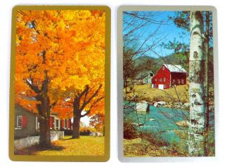 Pair Vintage Swap Cards.  Autumn,  Winter Scenes.  Golden Elm,  Birch Trees.