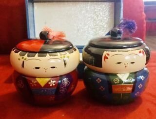 Vintage Japanese Kokeshi Lacquered Hand - Painted Bento Boxs Lacquer On Wood