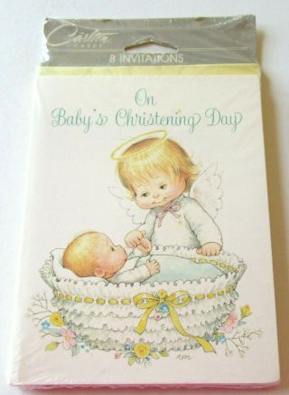8 Vtg Baby Christening Invitations Ruth Morehead Angel Looking At Baby
