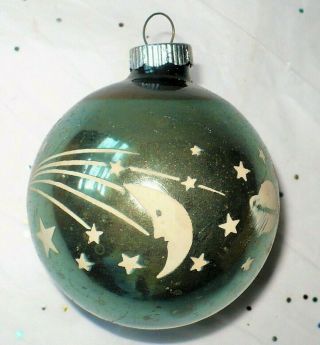 Vtg Christmas Shiny Brite Blue Gray Stencil Moon Shooting Stars Planet Ornament