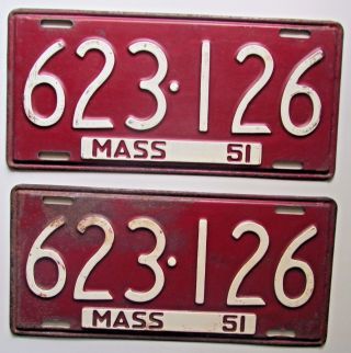 Massachusetts 1951 License Plate Pair 623 - 126