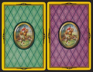 2 Single Vintage Swap/playing Cards Hunt Horse Rider & Beagle Dogs Green/purple