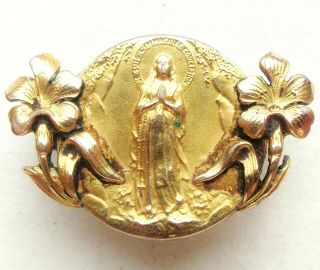 Immaculate Virgin Mary With Lily Flowers Antique 18k Gold Filled Brooch Medal