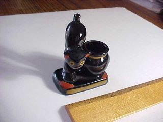1930s Old Japan Ceramic Black Cat & Witches Cauldron Match Or Toothpick Holder