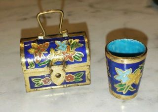 Miniature Floral Enamel Box With Thimble Latch Handle Asian Cloisonne