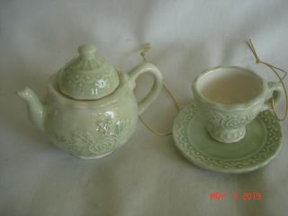 2004 A Special Place Mini Teapot & Cup / Saucer Ceramic Christmas Ornament Set