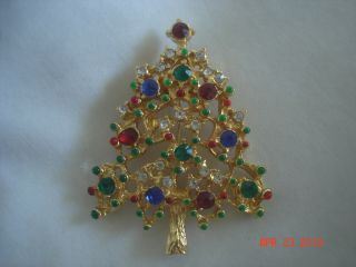 Vtg.  Cut - Out Christmas Tree Pin Brooch W/ Colored Rhinestones & Lucite Accents