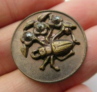 Wonderful Antique Vtg Tinted Metal Picture BUTTON Beetle w/ Cut Steels 1 