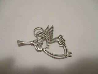 Pin Hearalding Angel Sterling Silver Figure Horn Christmas Brooch 2 5/8 Inches