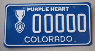 Colorado " 00000 " Combat Wounded Purple Heart Military Sample License Plate Co