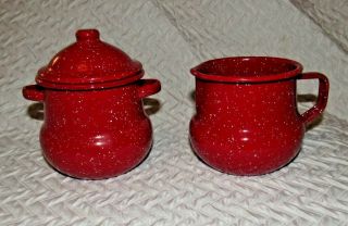 Red Speckled Enamelware Covered Sugar Bowl And Creamer