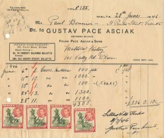 Malta Stamps As Revenues On Invoice Doc.  Dated 1946.  A783