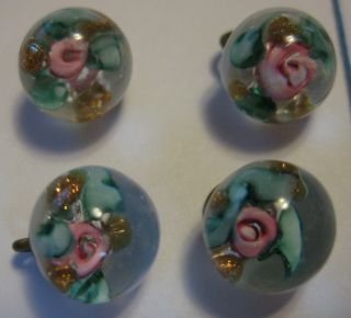 4 Vintage Glass Ball Paperweight Buttons - Pink Flowers With Green Leaves - 3/8 "