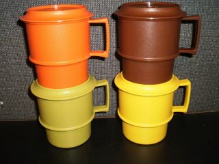 4 Vintage Tupperware Stacking Coffee Cup Mugs 1312 Orange Green Brown Gold,  Lids