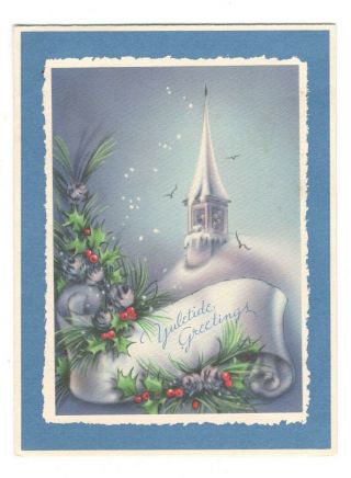 Vintage Sunshine Christmas Greeting Card Church Steeple 1940 