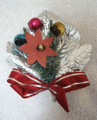 Vintage Christmas Corsage W Poinsettia & Mercury Glass Beads Silver Leaf D2
