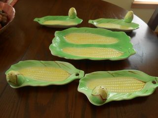 Vintage Corn On The Cob Set Tray,  4 Corn Holder Plates And Salt Shakers=japan