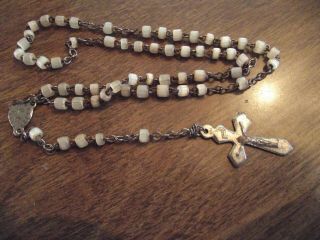 Vintage France Signed Antiqued White Glass Beads Childs Rosary