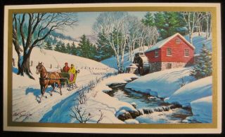 Vintage Christmas Greeting Card Horse Drawn Sleigh & Water Wheel Mill By Sarnoff