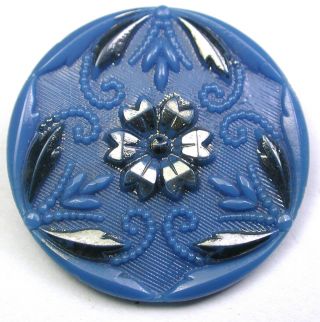 Vintage Glass Button Blue W Silver Luster Fancy Triad Design 1 "