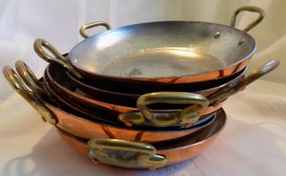 Vintage Set Of 6 Little Copper Pans Brass Handles Tin Lined