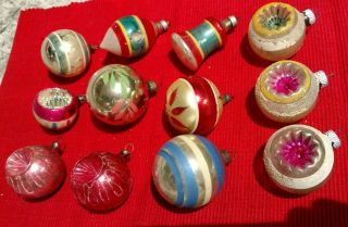 12 Vintage Shiny Brite & Poland Glass Christmas Ornaments W/box Indents Stripes