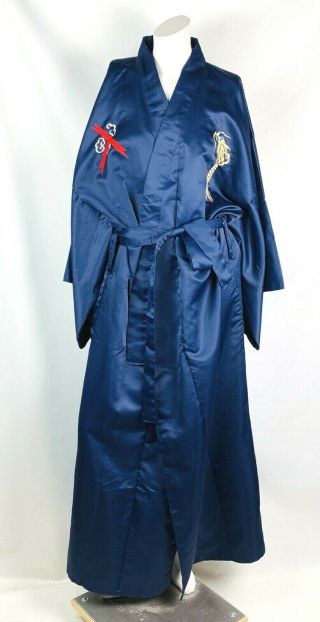 Japanese Kimono Robe Blue Gold Embroidered Dragon Back Unisex Polyester Belted