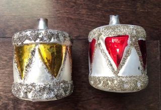Old Vtg Drum Christmas Glass Ornament Decoration Holiday Set 2 West Germany