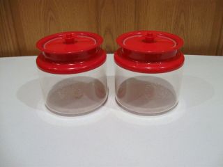Tupperware Vintage Clear Acrylic Push Button Canisters Snowflake Design Red Lid