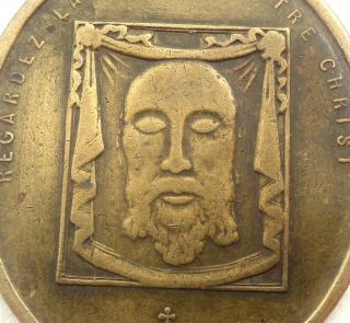 Holy Face Of Christ & Mother Of Sorrows - Rare Large Antique Bronze Medal Pendant