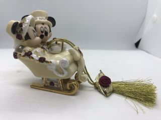 Disney Minnie & Mickey Mouse Riding In A Sled Victorian Christmas Ornament.