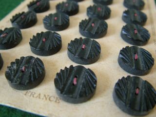 SET of 24 ANTIQUE FRENCH ART DECO BLACK MOULDED GLASS BUTTONS SEWN CARD 4
