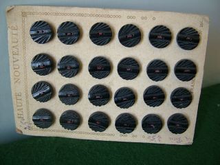 SET of 24 ANTIQUE FRENCH ART DECO BLACK MOULDED GLASS BUTTONS SEWN CARD 5