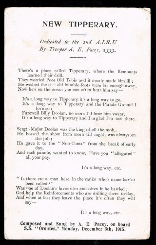 Postcard • World War One • " Tipperary " • Composed By A.  E.  Pacey,  Ss Orontes