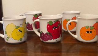 Cute Vintage Set Of 5 Coffee Mugs Cups Nancy Lynn Anthropomorphism Fruit Happy