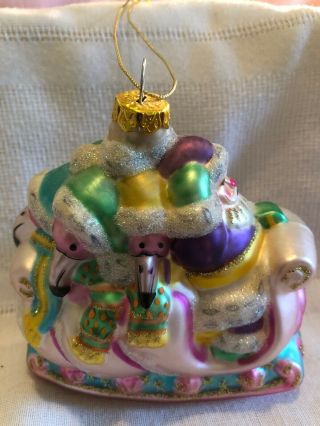 Santa In His Sleigh With Pink Flamingos Glass Chrisrmas Ornament
