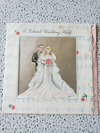 Vintage Greeting Card Wedding Wish Hallmark Bride Groom Old Signed 1930s Dress