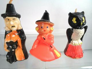 3 Vtg Gurley Halloween Wax Candles Witch Owl Girl Witch