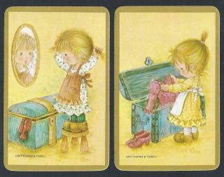 920.  143 Blank Back Swap Cards - Pair - Girl With Trunk & Girl With Mirror