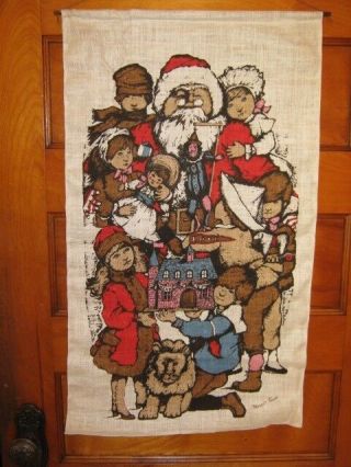 Vintage 1990s Christmas Linen Wall Hanging Banner Margot Tomes