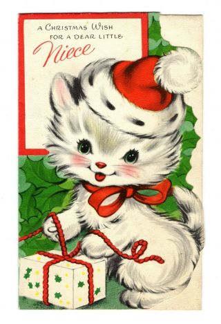 Vintage Christmas Greeting Card Anthropomorphic Cat Wrapping Present 1950 